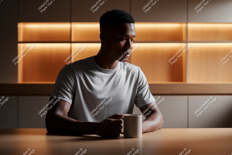 Man holding mug in dimly lit room sitting table example image 1