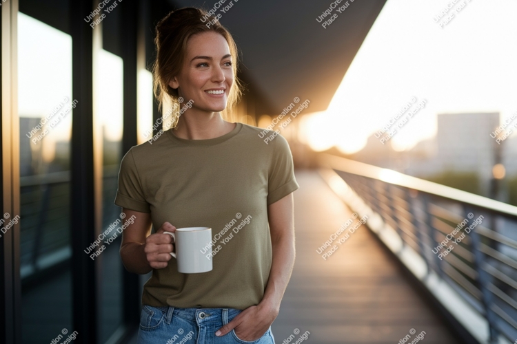 Woman holding mug on balcony at sunset