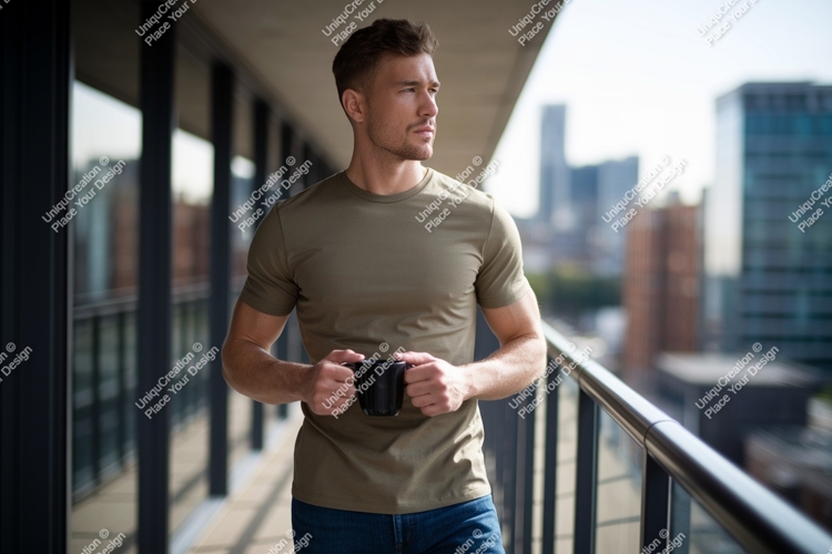 Man holding mug on balcony male t-shirt