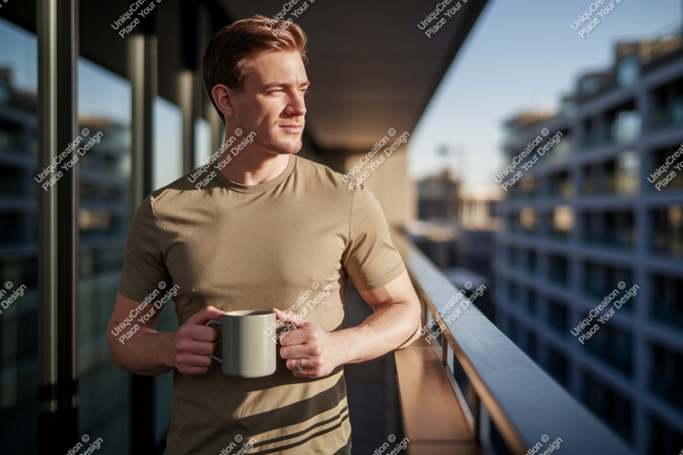 Man holding mug on balcony casual