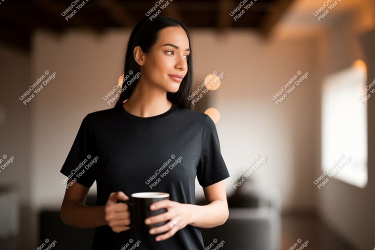 Woman wearing black t-shirt holding mug