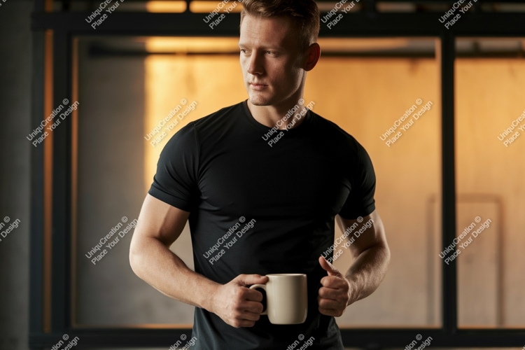 Muscular man holding mug black t-shirt