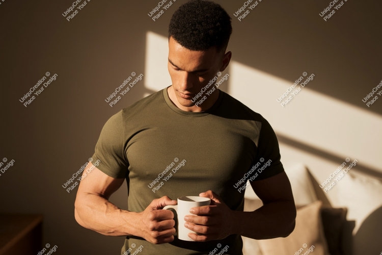 Man wearing olive green t shirt holding white mug image