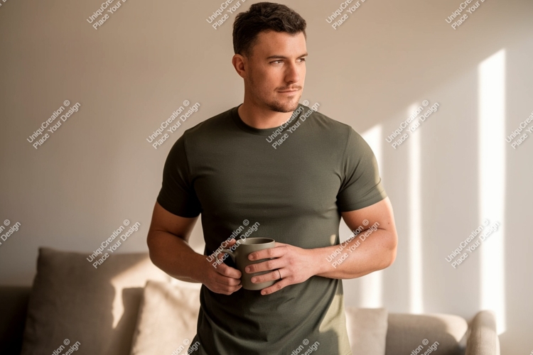 Man holding mug mockup green t-shirt
