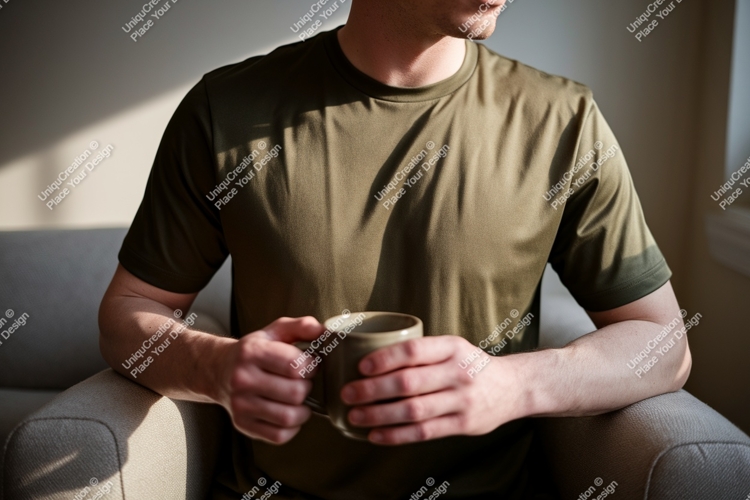 Man holding mug wearing olive shirt image