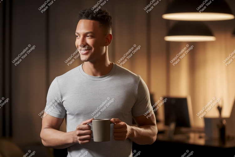 Smiling man holding coffee mug grey