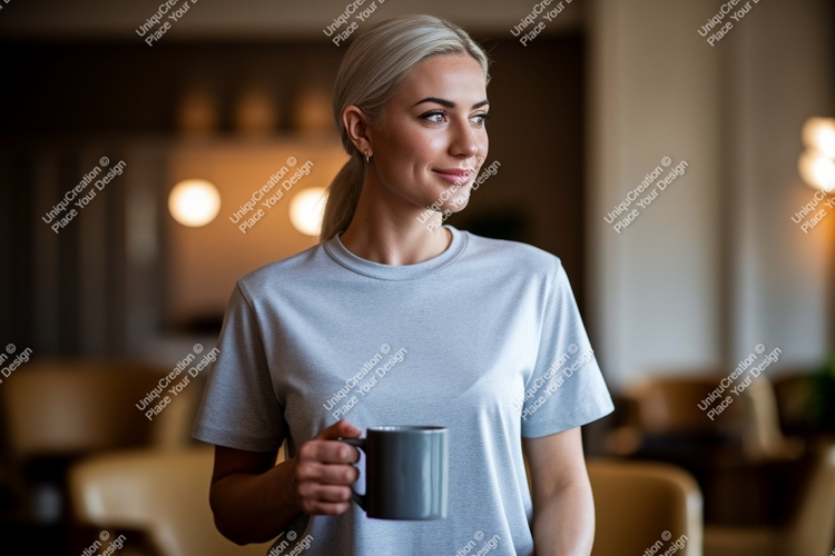 Woman holding mug in cafe coffee casual
