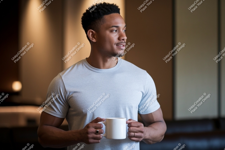 Man holding white mug t-shirt