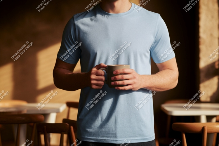 Man holding coffee mug light blue t shirt image