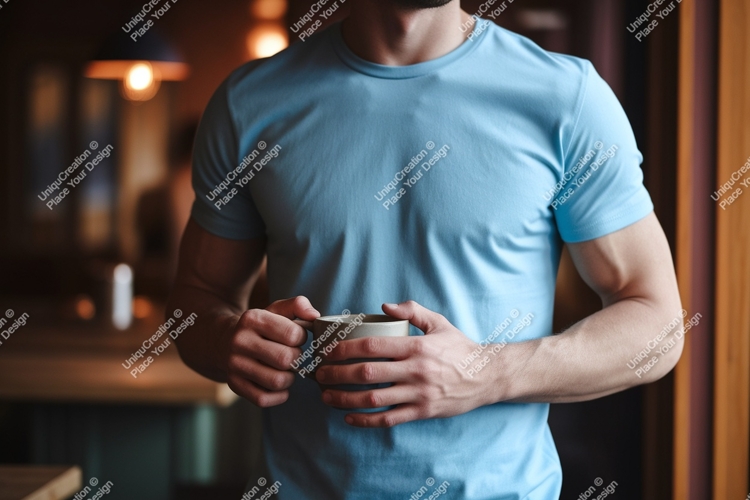 Man holding coffee cup blue t-shirt