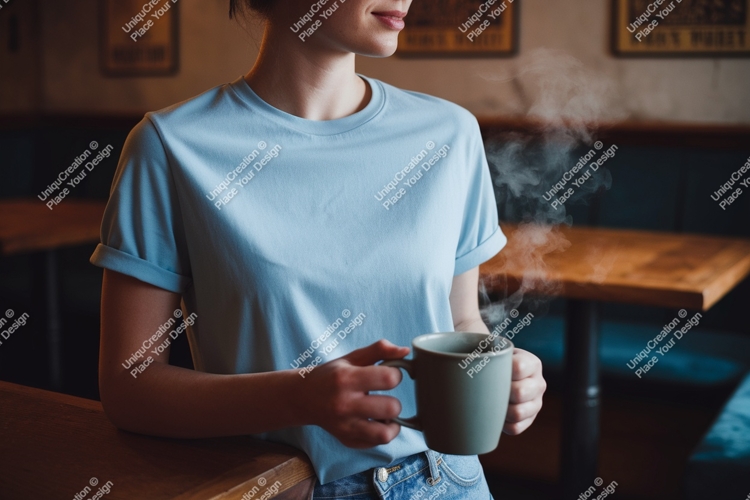 Woman holding steaming mug light blue t shirt coffee