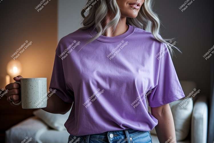 Woman wearing purple t shirt holding mug image