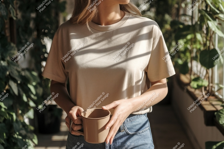 Woman wearing beige t shirt holding mug image