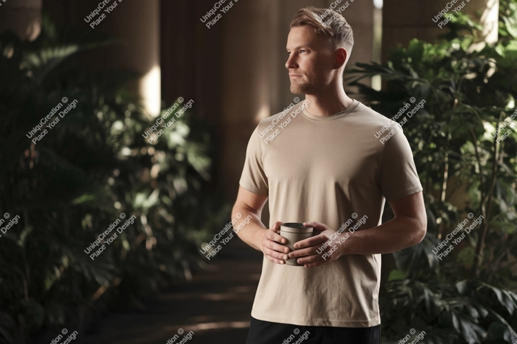 Man wearing tan t shirt holding mug image