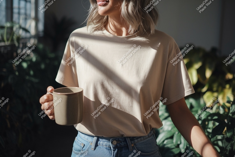 Woman holding mug wearing plain t shirt image