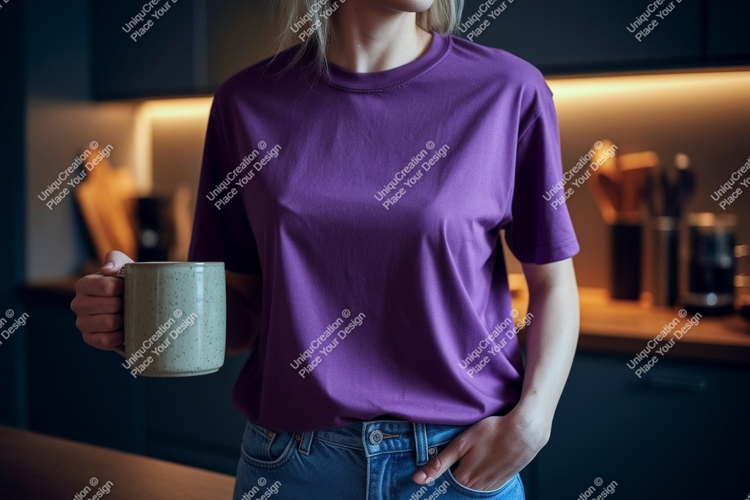 Woman wearing purple t shirt holding mug t-shirt