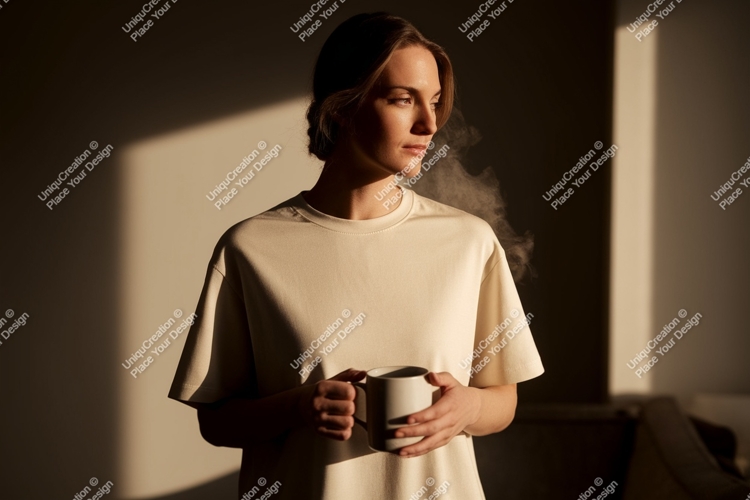 Woman holding mug with steam coffee