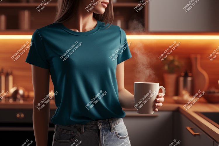 Woman wearing teal t shirt holding mug