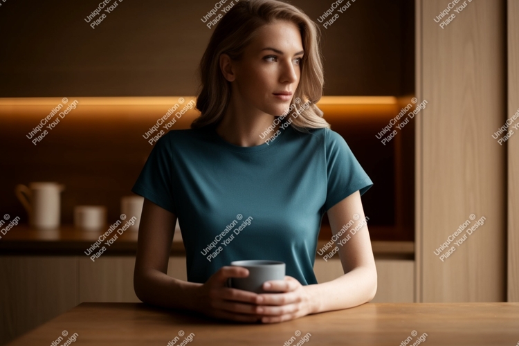 Woman wearing teal t shirt holding mug image