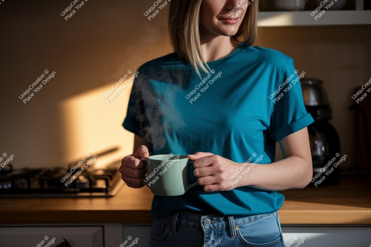 Woman wearing beige t shirt holding mug image