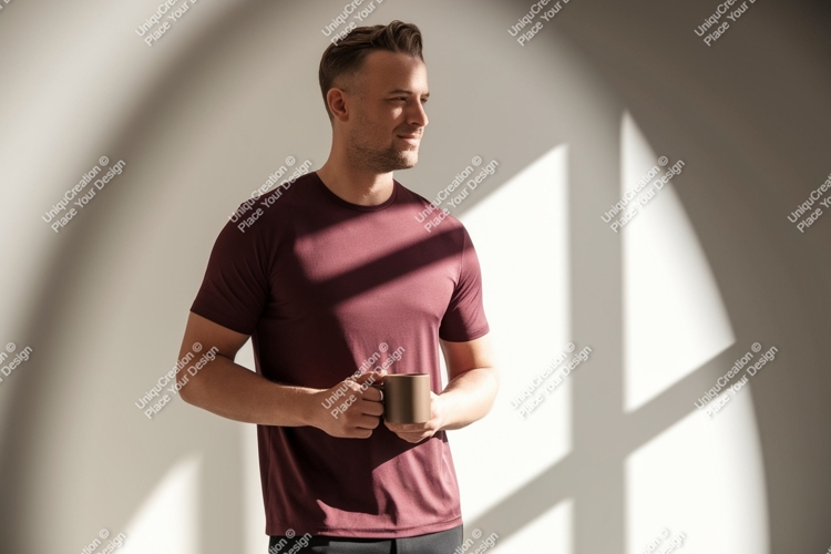 Man wearing maroon t shirt holding mug image