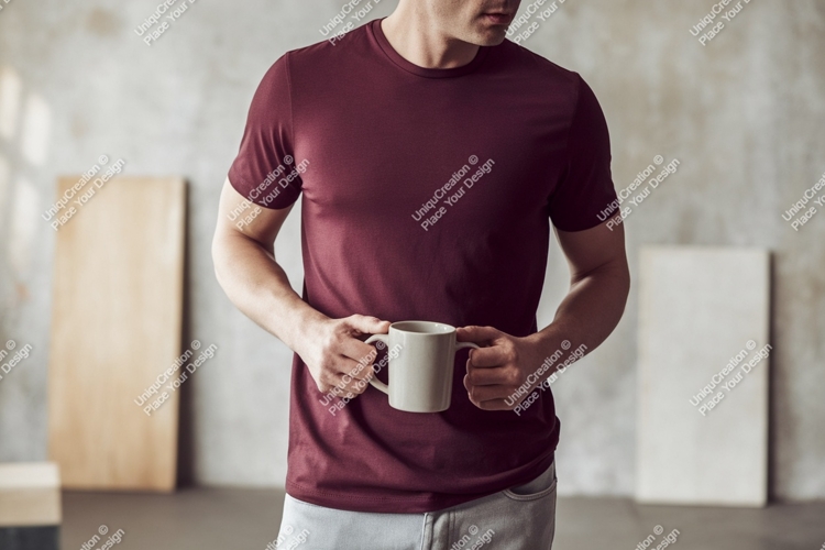 Man holding mug wearing maroon t shirt image