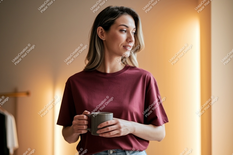 Woman holding mug wearing maroon t shirt image