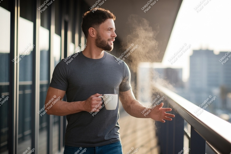 Man holding coffee cup on balcony steam