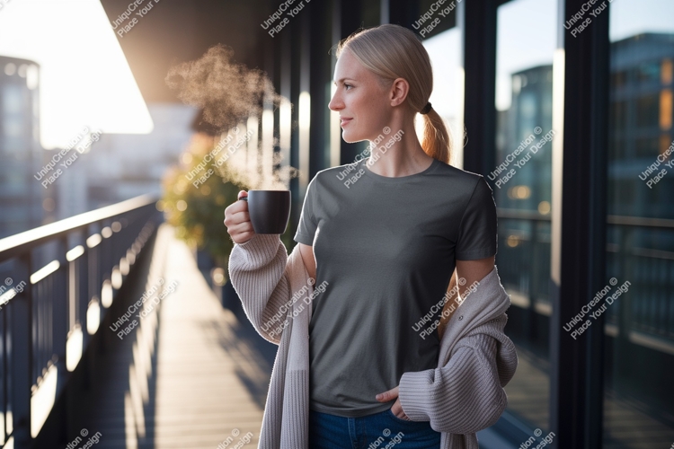 Woman holding coffee mug on balcony steam