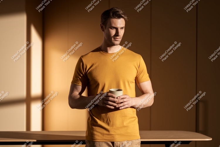 Man wearing mustard t shirt holding cup t-shirt