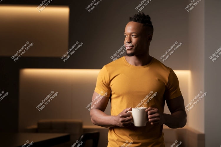 Man holding coffee mug indoors casual
