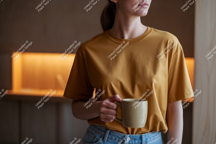 Woman holding mug mockup casual t-shirt