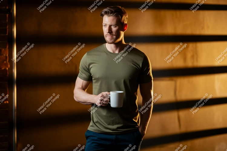 Muscular man holding coffee mug image