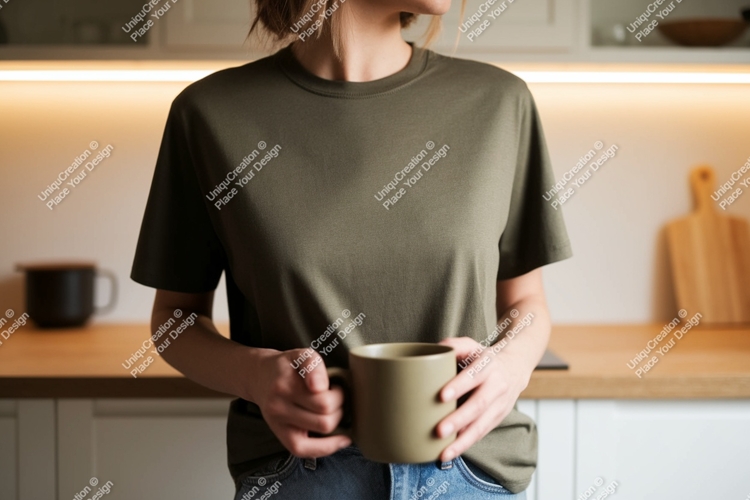 Woman wearing olive green t shirt holding mug image