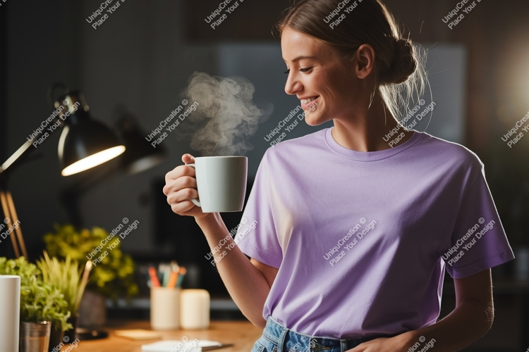 Woman enjoying hot beverage at desk coffee steam
