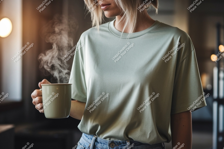Woman holding steaming mug mockup coffee