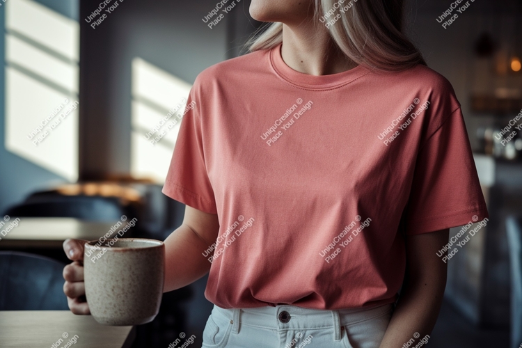 Woman wearing salmon t shirt holding mug image