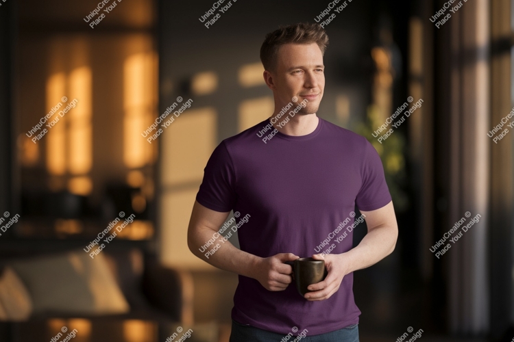 Man purple t shirt holding coffee cup image