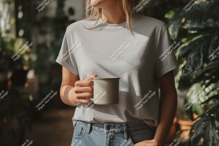 Woman holding mug in grey t shirt t-shirt