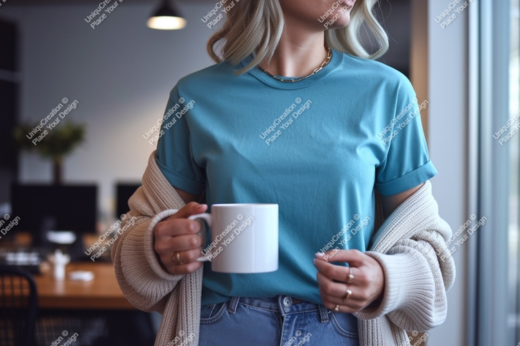Woman wearing blue t shirt holding white mug image