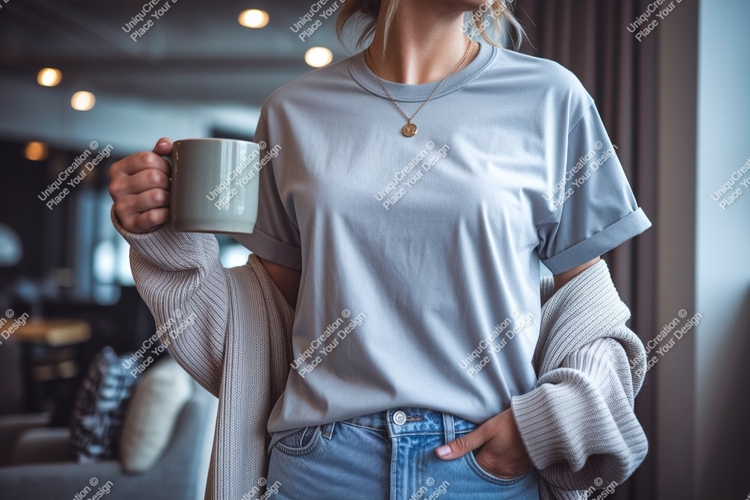 Woman wearing grey t shirt holding mug image