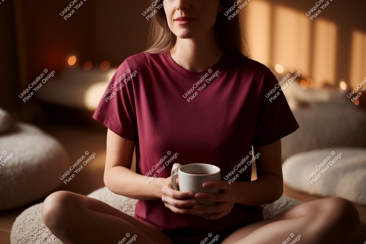 Woman wearing maroon t-shirt holding coffee cup image