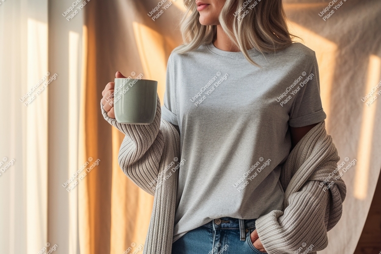 Woman holding mug wearing grey t shirt and cardigan