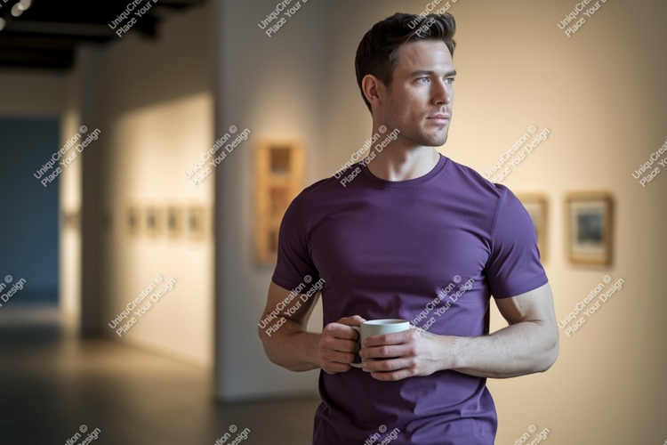 Man wearing purple t shirt holding coffee cup t-shirt
