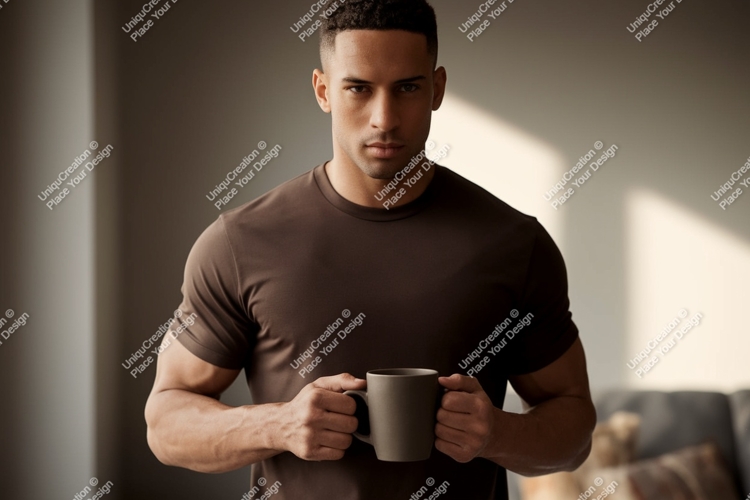 Man holding coffee mug brown t-shirt