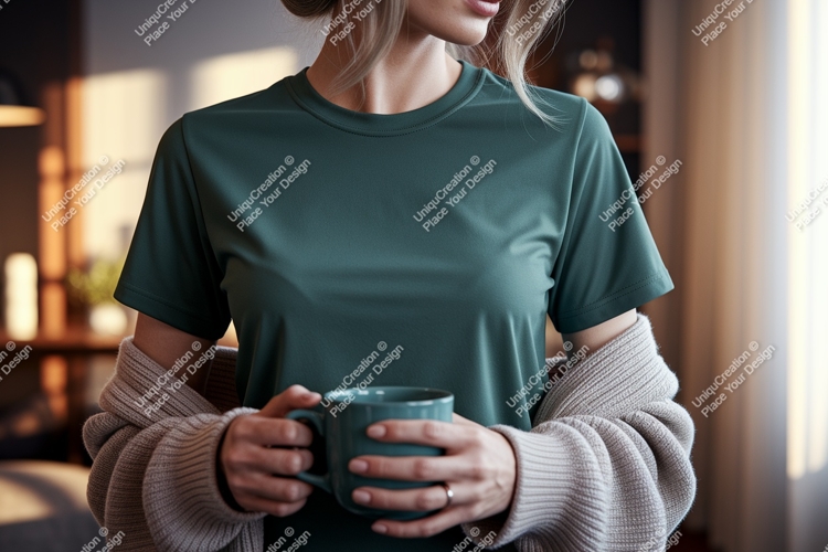 Woman wearing olive green t-shirt holding mug