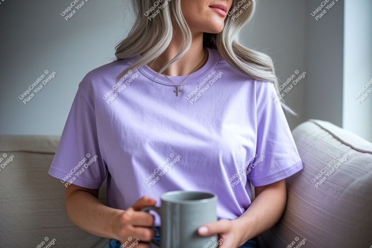 Woman wearing lavender t-shirt holding mug