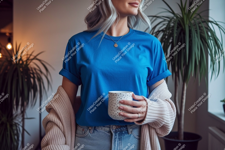 Woman wearing blue t shirt holding mug image