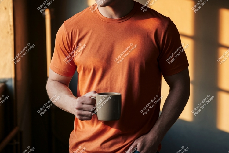 Man orange shirt holding coffee mug image