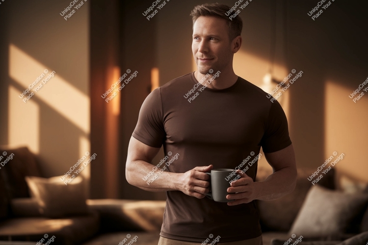 Man holding coffee mug indoors brown t-shirt